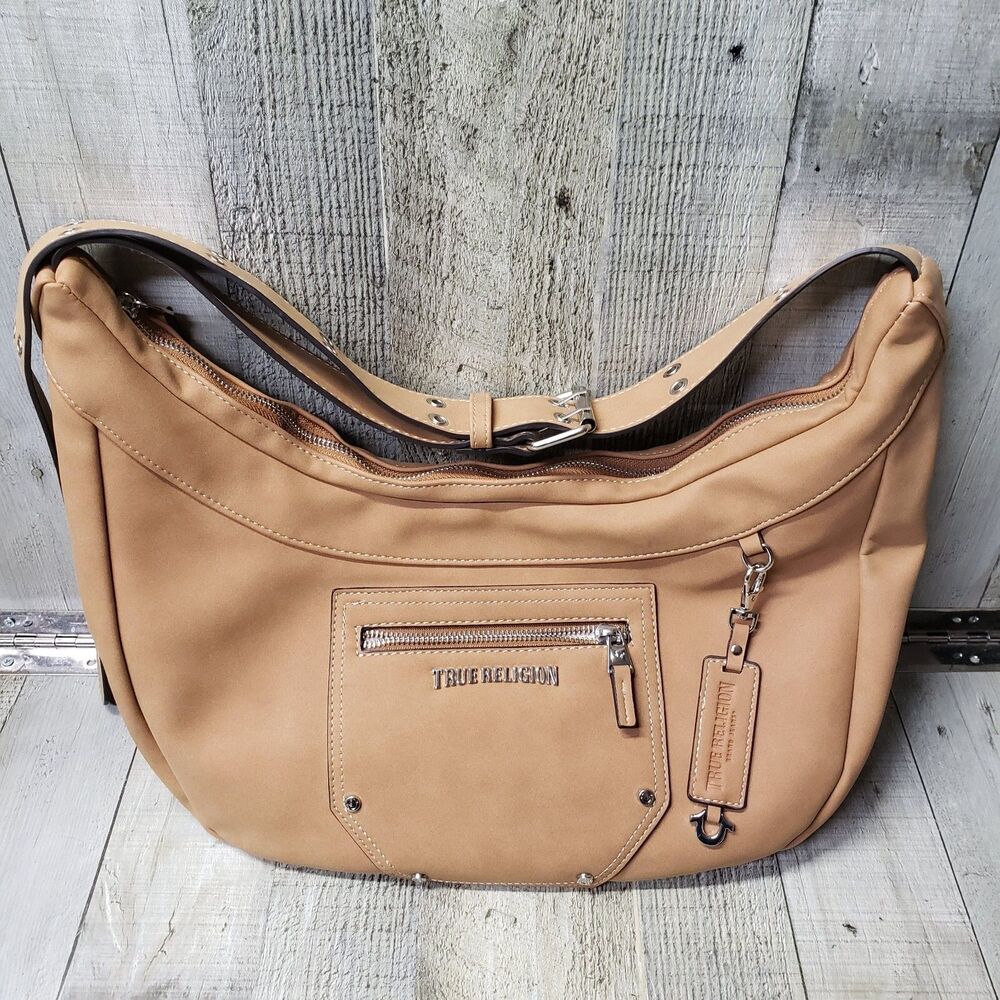 TRUE RELIGION Purse Bag Suede Hobo Crossbody Tan Adjustable Strap Zip Top NEW